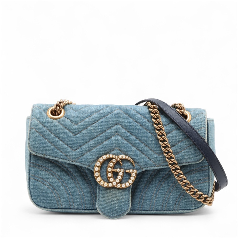 Gucci GG Marmont denim leather chain shoulder bag blue